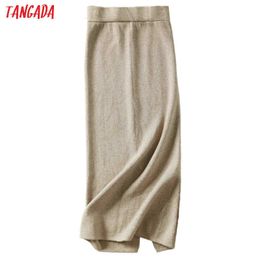 Tangada Women solid long skirts knit stretch high waist korean style ladies black pencil skirt faldas mujer moda AQX05 210609