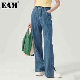[EAM] Высокая талия синий длинный полосатый джинсовые джинсовые джинсы свободные женщины брюки мода весна осень 1dd7920 210512
