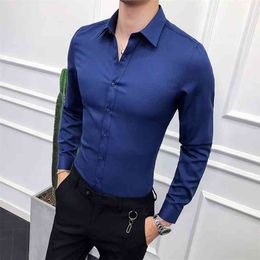 High Quality Men Shirt Long Sleeve Solid Formal Business Shirt Slim Fit Brand Man Dress Shirts Social Turn-Down Collar 6Colors 210708