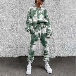 Tie Dye Lounge Women Tracksuit Two Piece Set Long Sleeve Drawstring High Waist Joggers Suit Autumn Lady Causal Sets 210930