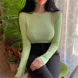 WOMENGAGA Spring Simple Basic Thick Slim Sexy Long Sleeve T-shirt Women's Summer Top Tops 67YV Tshirt Korean Clothes 7V 210603