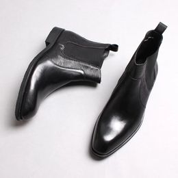 Men's 2021 New Genuine Leather Chelsea Boots Pointed Toe Leather Shoes Men Slip On Black Business Dress Short Boots