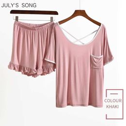 JULY'S SONG Women Summer Pyjamas Set Sleepwear 2 Pieces Soft Modal Soft Thin Sexy Backless Short Sleeve Simple Casual Homewear Q0706