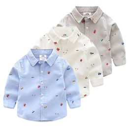 Spring Autumn 2 3 4 6 8 10 Years Long Sleeve Car Pattern Full Print Handsome White Grey Shirt For Cotton Kids Baby Boys 210701