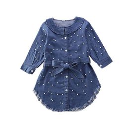 New Toddler Blue Pearl Bowknot Denim Jeans Baby Girl Long Sleeve T-Shirt Dress Kid Coat Clothes Q0716