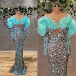 Sexy Sequins Prom Dresses Mermaid African Evening Gowns Tulle Long Sleeve Modest Formal Party Special Occasion Party Dress