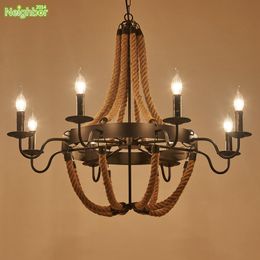 Chandeliers Industrial Farmhouse Iron Candle Chandelier LED E14 Rope Pendant Cafe Bar Restaurant Pipe 6 Or 8 Arm Lamp