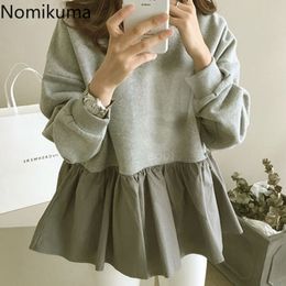 Nomikuma Hoodies Women Patchwork O Neck Long Sleeve Tops Fake Two Piece Casual Fashion Loose Sweatshirt Women's Clothes 3d613 210514