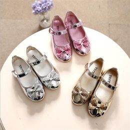 Girls Shoes 2022 Spring Autumn New Asakuchi Sequin Leather Bow Women Kids Dance Performance Shoe Fashion Children's Flats