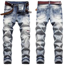 2021 Mens Slim-fit Elastic Washed Denim Pants,Ripped&Distressed Patched Blue Jeans,Cool&Stylish,Youth Fashion Must; X0621