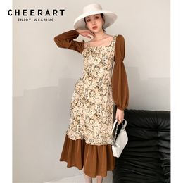 Vintage Floral Lantern Sleeve Long Dress Women Elegant Square Neck Patchwork Tunic Ruffle Ladies Midi 210427