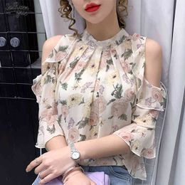 Summer Off-the-shoulder Chiffon Blouse Women Korean Floral Short Sleeve Shirts Elegant Printing Female Clothing 13708 210508