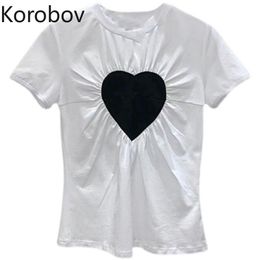 Korobov Korean Vintage O Neck Women T Shirts Summer New Love Patchwork Short Sleeve T Shirt Harajuku Ulzzang Tee Tops 210430