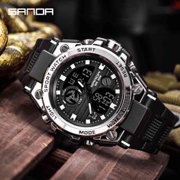 SANDA Brand Men Sports Watches Dual Display Analogue Digital LED Electronic Quartz Wristwatches Waterproof Swimming Military Watch X0524