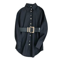 PERHAPS U Women Long Full Sleeve Turn Down Collar High Street Solid Black White Long Shirt Sash B0688 210529