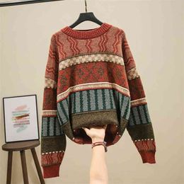 Autumn Winter Women's Sweater Nordic Style Round Neck Retro Jacquard Pullover Loose Casual Knitted s GX298 210507