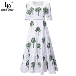 Summer Fashion Runway Whiter Cotton Dress Women Short sleeve Floral Embroidery Ruffle Holiday Midi Elegant 210522