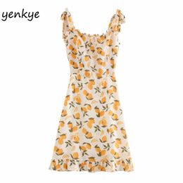 Lemon Print Sling Sexy Women Sleeveless Hem Ruffle A-line Mini Sweet Lady Holiday Boho Summer Dress DDOM0072 210514