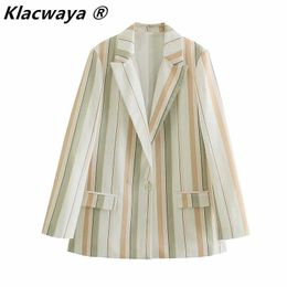 Klacwaya Women 2021 Fashion Single Button Printed Linen Stripes Blazer Coat Vintage Long Sleeve Pocket Female Outerwear Chic Top X0721