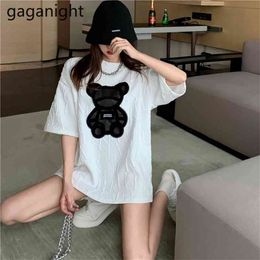 White Women Short Sleeve Bear Cartoon Tshirt Casual Loose Lady Chic Korean Tshirts Students Tops Streetwear Summer 210601