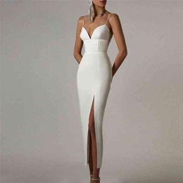 Adyce New Summer Women White Bodycon Bandage Dress Sexy V Neck Spaghetti Strap Club Celebrity Evening Runway Party Maxi Dresses 210323