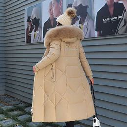 X-long зима пуховик женщины с капюшоном с капюшоном с капюшоном повседневная женская вниз пальто с меховой воротником сплошной густой пальто женщин 211007