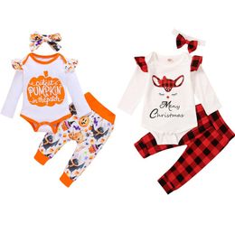 Baby Girls Clothes Sets Infant Letter Romper Plaid Pants Headband 3pcs Set Pumpkin Toddler Girl Outfits Halloween Christmas Clothing DW5948