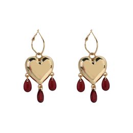 Korea 2021 Trendy Gold Colour Love Heart Earrings Vintage Personality Acrylic Red Beads Drop Earrings Party Jewellery
