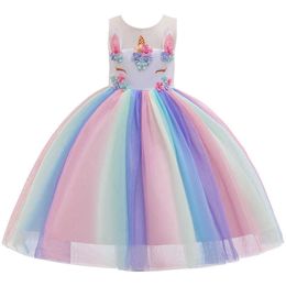 Girls Rainbow Colour Unicorn Dress for Kids Lovely Flower Appllique Embroidery Xmas Girls's Boutique Clothing 210529