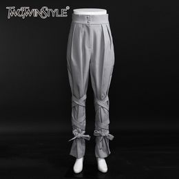 TWOTWINSTYLE Bandage Ruched Casual Pants For Women High Waist Cross Lace Up Bowknot Gray Trouser Female Fashion Clothing 210517