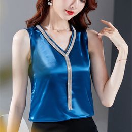 Korean Fashion Women Silk Blouses Satin V-neck Tops Plus Size Woman Solid Sleeveless Blouse Tassel Top 210427