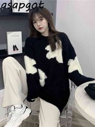 Winter Thick Knitted Tops Loose Long O Neck White Clouds Pullovers Sweater Women Fashion Casual 3style Pull Femme Preppy Japan 210429