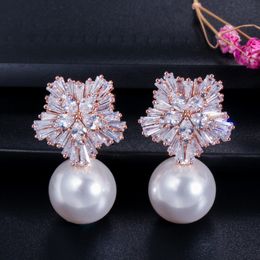 Snowflake designer earring Imitation Pearl Luxury Bride Charm Earrings Jewellery White Grey Red AAA Cubic Zirconia Copper Silver Plated Earring Women Girls Party