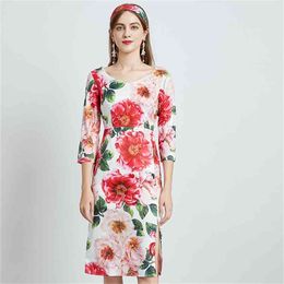 Fashion Designer Summer Dress Women 3/4 Sleeve Slim Vintage Flower Print Bodycon Midi Vestidos 210519