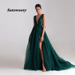 Modern Dark Green Tulle A Line Long Evening Dresses Sheer Neck High Side Slit Sexy Prom Gowns Women Special Occasion Wear