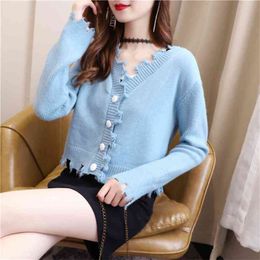 Single-breasted v-neck knit Korean version of long-sleeved loose short outer cardigan 210427
