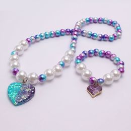 Child Elastic Colorful Heart Pendant Necklace Bracelet Set Girls Kids Cute Beads Jewelry Set