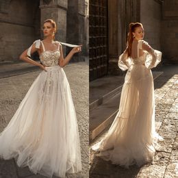 katherine Joyce 2021 Boho Wedding Dresses Detachable Long Sleeve Lace Appliqued Spaghetti Strap Bridal Gowns Robe De Mariée