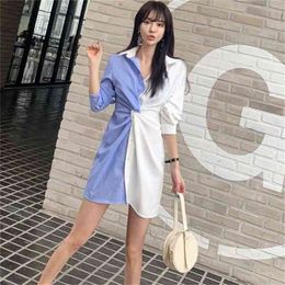 summer style korean Fashionable temperament, elegant and thin striped stitching shirt skirt office party for women dresses 210602
