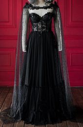 2021 Black Gothic Wedding Dresses With Pearls Cape Strapless Sweetheart A-line Sheer Bodice Lace Appliques 3D Flowers Goth Bridal Gown Custom Made