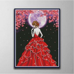 Pretty lady on moonlit night home decor paintings ,Handmade Cross Stitch Craft Tools Embroidery Needlework sets counted print on canvas DMC 14CT /11CT