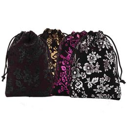 Jewellery Gift Bag 9x12cm (354"x472") Black Velvet Bags Flower Bronzing Drawstring Pouches Christmas Neckalce Bracelet Packaging