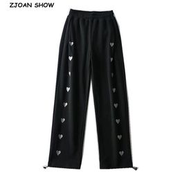 Spring Autumn Contrast color Heart Embroidery Wide Leg Pants Woman Adjust Rope Cuff Loose Trousers Sports Casual Bottom 210429