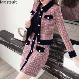 Winter Women Tweed Vintage Two Piece Skirt Suits Sets Buttons Coat And A-line Skirt Outfits Sets Elegant Fashion 2 Piece Sets 211119