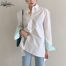 Summer Korean Fashion Long Sleeve Turn-down Collar Womens Tops and Blouses Solid Casual Loose Split OL Style Blouse 10294 210427