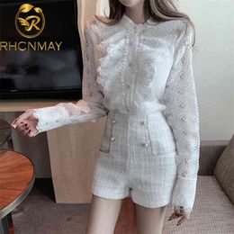 Summer Women Sets Long Sleeve Chiffon Lace Ruffle Blouse + High Waist Tweed Shorts Fashion 2 Pieces Suits 210506