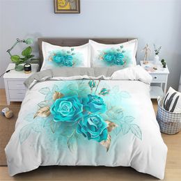 Blue Rose Floral Bedding Sets Duvet Cover Bed Linen Bedclothes Twin/Queen/King Size for Kids Bed Room for Kids Girls Bed 210319