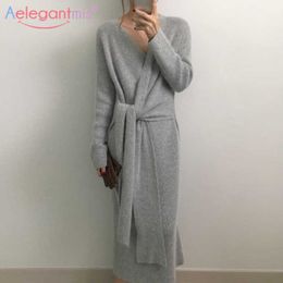 Aelegantmis V Neck Knitted Dress Women Casual Lace Up Criss Cross Sweater Dresses Elegant Loose Long Sexy Vestidos Mujer Korean 210607