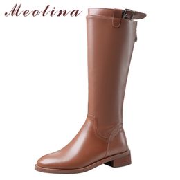 Autumn Riding Boots Women Natural Genuine Leather Square Heel Knee High Buckle Zipper Shoes Female Winter Size 39 210517