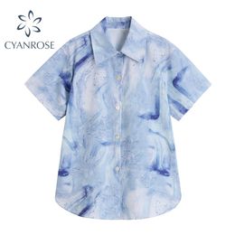 Casual Korean Blouses Tops Women Short Sleeve Summer Lapel Cardigan Stylish Shirts Female Baggy Chic Tie Dye Blusas Mujer 210515